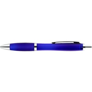 A transparent blue pen with a silver clip and accents. The pen features a smooth, sleek design suitable for writing.