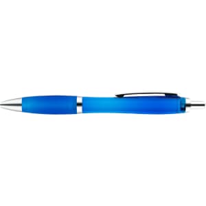 A blue transparent pen with a silver clip and tip, featuring a smooth, glossy finish.