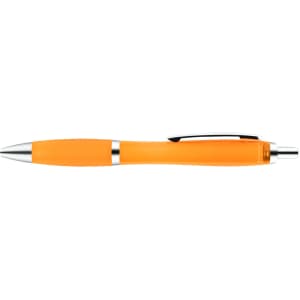 A plastic pen in bright orange color with a silver clip and tip.