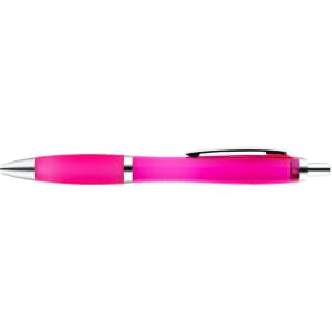 A vibrant pink transparent pen with a shiny silver clip and a chrome tip.