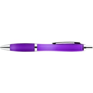 A plastic pen in a vibrant purple color with a silver clip and trimming.