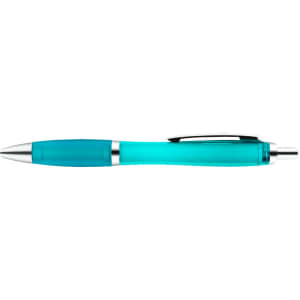 A plastic pen in a vibrant turquoise color with a silver clip and detailing. It features a logo.