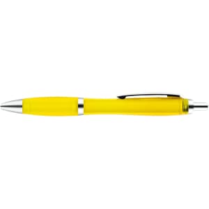 A yellow plastic pen with a transparent barrel and silver accents.