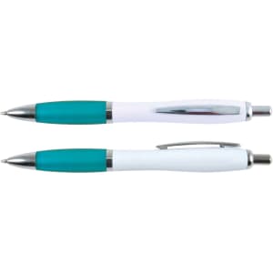 Two Viva Pens with a white barrel and teal accents, featuring a sleek design and chrome detailing.