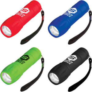 A collection of four torches in red, blue, green, and black, each with a strap and featuring a logo.
