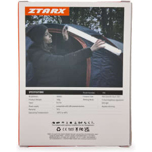 A foldable camp light in a white casing, displayed by a person inside a tent, with a logo visible on the product.