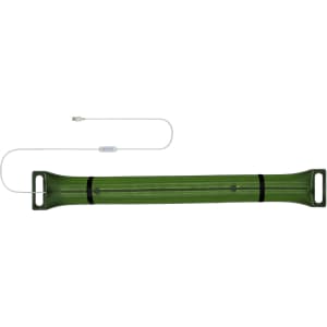 A foldable camp light in green, featuring a charging cable and a sleek, elongated design.