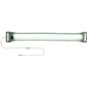 A foldable camp light in green with a USB charging cable attached. It has a sleek, elongated design.
