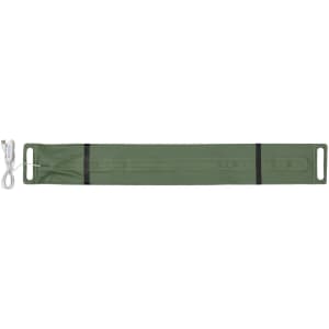 A long, olive green foldable camp light with a power cable attached. It features two handle openings.
