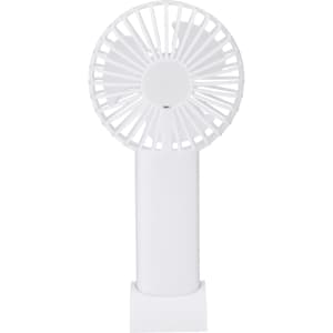 A portable white fan with a circular design, featuring a base for stability. It includes a logo on the front.