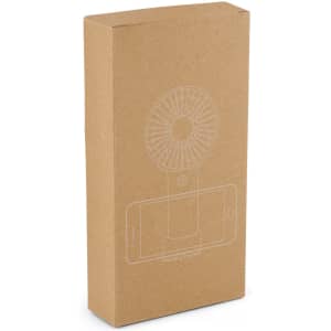 A cardboard box containing a portable fan, featuring a logo and a simple illustration of the product.