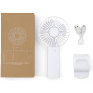 A white handheld fan with a USB charging cable and a phone holder, displayed with its packaging.