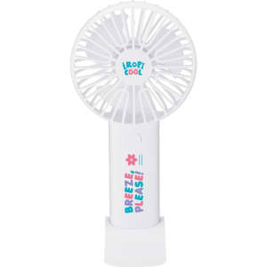 A portable white fan with a decorative base, featuring a logo and colourful text. Ideal for outdoor leisure activities.