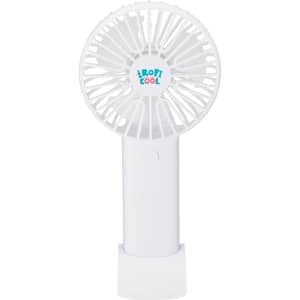 A portable white fan with a round design, featuring a logo on the front and a compact base for stability.