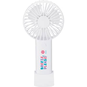 A white portable fan with a decorative logo on the handle, featuring a flower design and playful text.