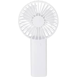A portable white fan with a circular design and a handle. It includes a small logo on the side.