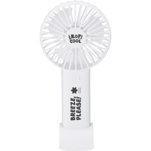 A portable white fan with a circular head and a handle, featuring a branding logo.