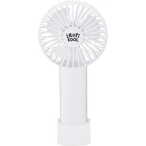 A portable white fan in a standing position with a circular grille, featuring a logo on the front.