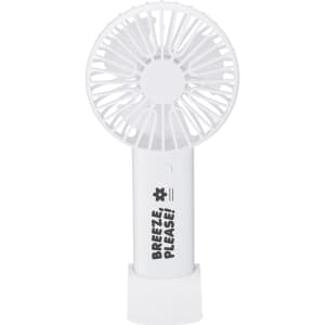A portable white fan with a floral design and text, featuring a sleek, compact body. It has a built-in stand.
