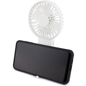 A portable white fan is attached to a smartphone, designed for convenience and ease of use.