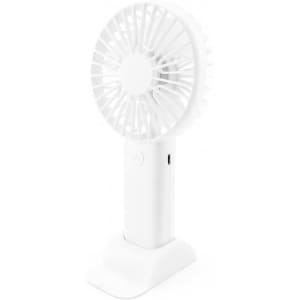 A portable white fan with a base, featuring a circular blade design and a power button.