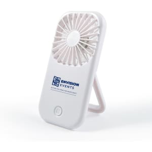 A portable white fan with a stand, featuring a logo on the front.