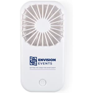 A white portable fan with a branded logo, featuring a circular grille design for airflow.