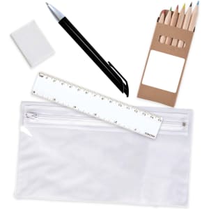 A transparent pencil case containing colored pencils, a ruler, a pen, and an eraser. The colors are natural and vibrant.