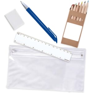 A pencil case containing colored pencils, a ruler, an eraser, and a blue pen.