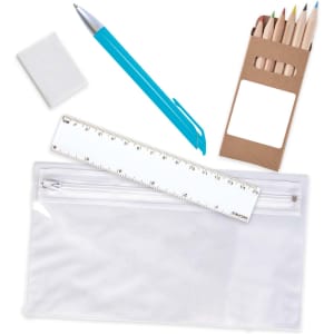 A pencil case containing colored pencils, a blue pen, a ruler, and a white eraser.