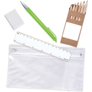 A transparent pencil case with a ruler, green pen, eraser, and a box of colored pencils.