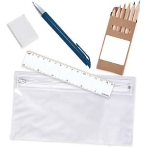 A clear pencil case contains a blue pen, a ruler, a small eraser, and a set of colored pencils in a cardboard holder.