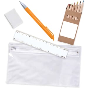 A clear pencil case containing colored pencils, an orange pen, a ruler, and an eraser.