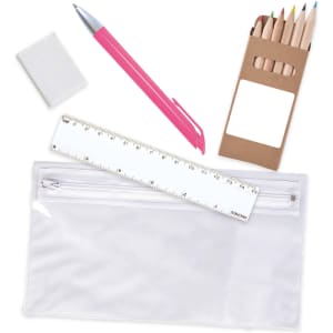 A pencil case containing colored pencils, a pink pen, a ruler, and an eraser.