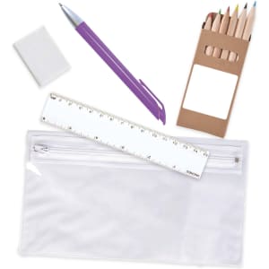 A pencil case containing colored pencils, a purple pen, a ruler, and an eraser.