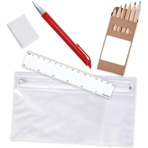 A pencil case containing a white eraser, a red pen, a ruler, and a small box of colored pencils.
