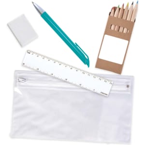 A clear pencil case containing a ruler, a pen, a white eraser, and a set of colored pencils in a brown box.