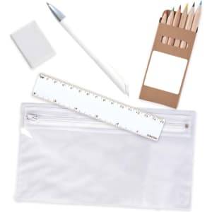 A pencil case containing colored pencils, a white pen, a ruler, and a small notepad.