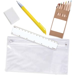 A pencil case containing colored pencils, a yellow pen, a ruler, an eraser, and a clear zippered pouch.