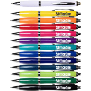A collection of multi-coloured metal pens including white, yellow, orange, pink, purple, blue, green, and black, featuring a logo.