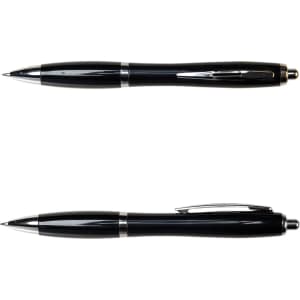 A black metal pen with silver accents and a clip, featuring a sleek design. The image displays two angles of the pen.