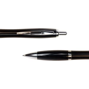 A black metal pen with a sleek design, featuring a silver clip and nib. The pen is displayed from two angles.