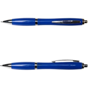 A blue metal pen with a sleek design and silver accents, featuring a clip and a ballpoint tip.