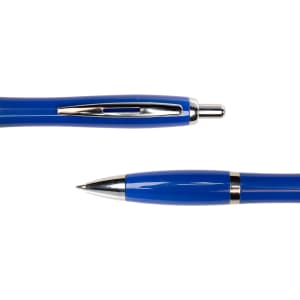 A blue metal pen featuring a shiny silver clip and tip, with a sleek design. It has a logo on the side.