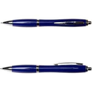 A blue metal pen, featuring a sleek design with chrome accents and a retractable tip.