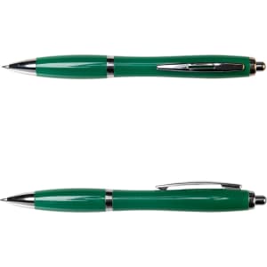 A green metal pen with a sleek design and chrome accents, featuring a clip and a pointed tip.
