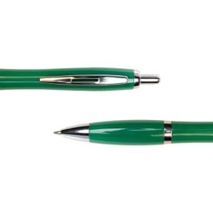 A green metal pen with a chrome clip and tip, showcasing a sleek and modern design.