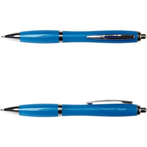 A blue plastic pen with a shiny chrome clip and accents, featuring a sleek design and a branding logo.