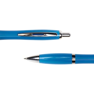 A blue plastic pen with a shiny silver clip and trim, showcasing its top and pointed ends.