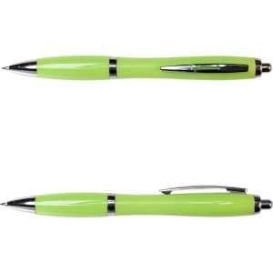 A green metal pen with a sleek design, featuring chrome accents and a clip for easy attachment.